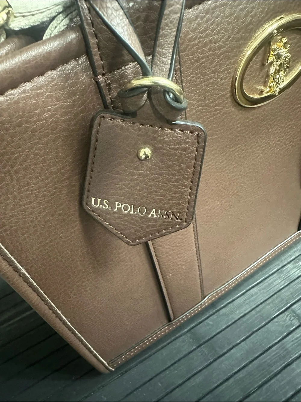 U.S. Polo Assn. Brown Pebbled Leather Satchel with Gold Logo